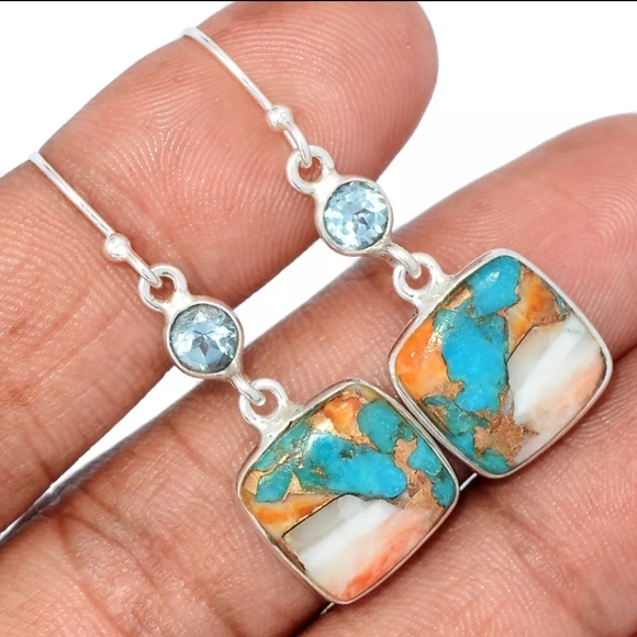 GENUINE Spiny Oyster & Arizona Turquoise 925 Sterling Silver Earrings ar… - Picture 1 of 3